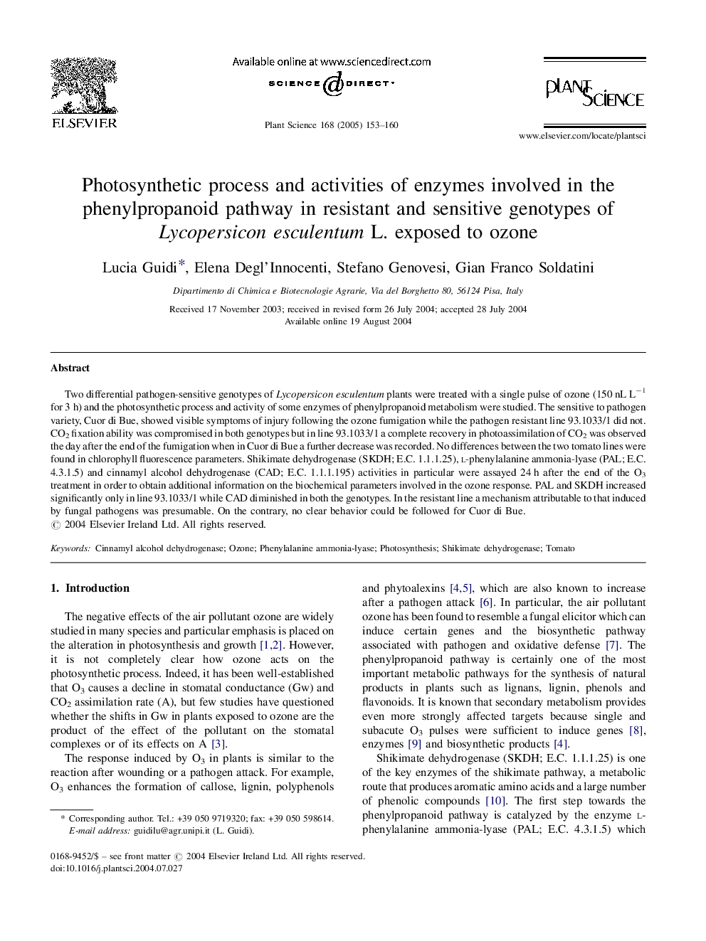 Photosynthetic process and activities of enzymes involved in the phenylpropanoid pathway in resistant and sensitive genotypes of Lycopersicon esculentum L. exposed to ozone