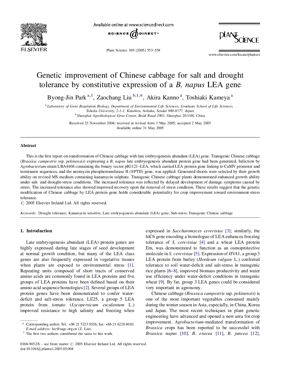 Genetic improvement of Chinese cabbage for salt and drought tolerance by constitutive expression of a B. napus LEA gene