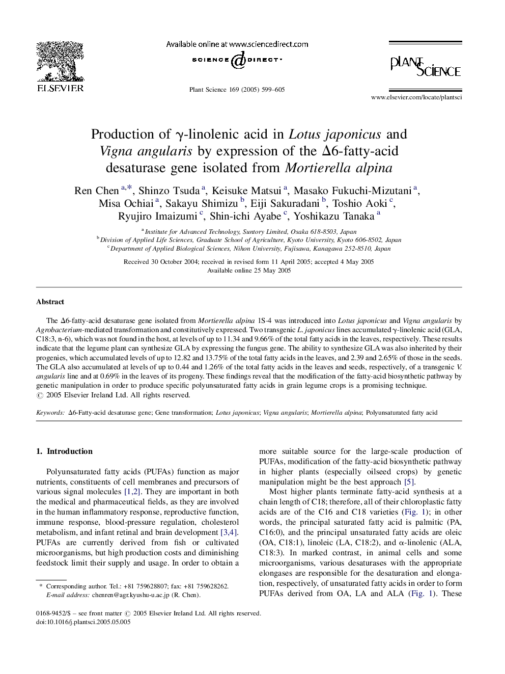 Production of Î³-linolenic acid in Lotus japonicus and Vigna angularis by expression of the Î6-fatty-acid desaturase gene isolated from Mortierella alpina