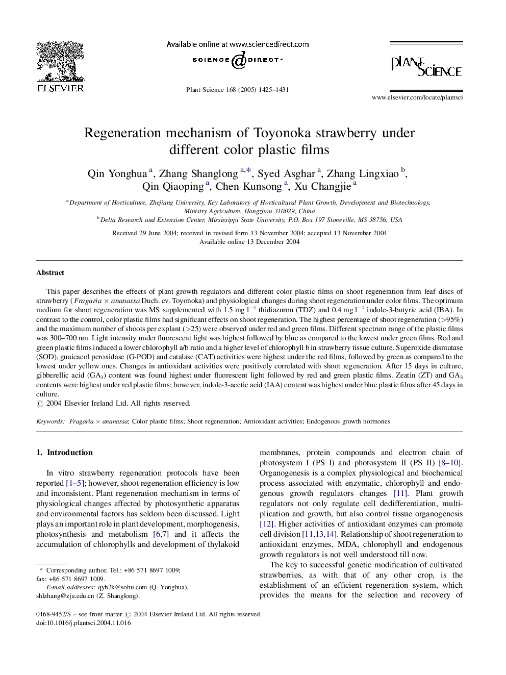 Regeneration mechanism of Toyonoka strawberry under different color plastic films