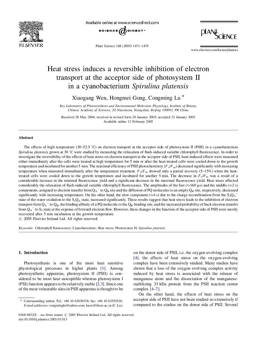 Heat stress induces a reversible inhibition of electron transport at the acceptor side of photosystem II in a cyanobacterium Spirulina platensis