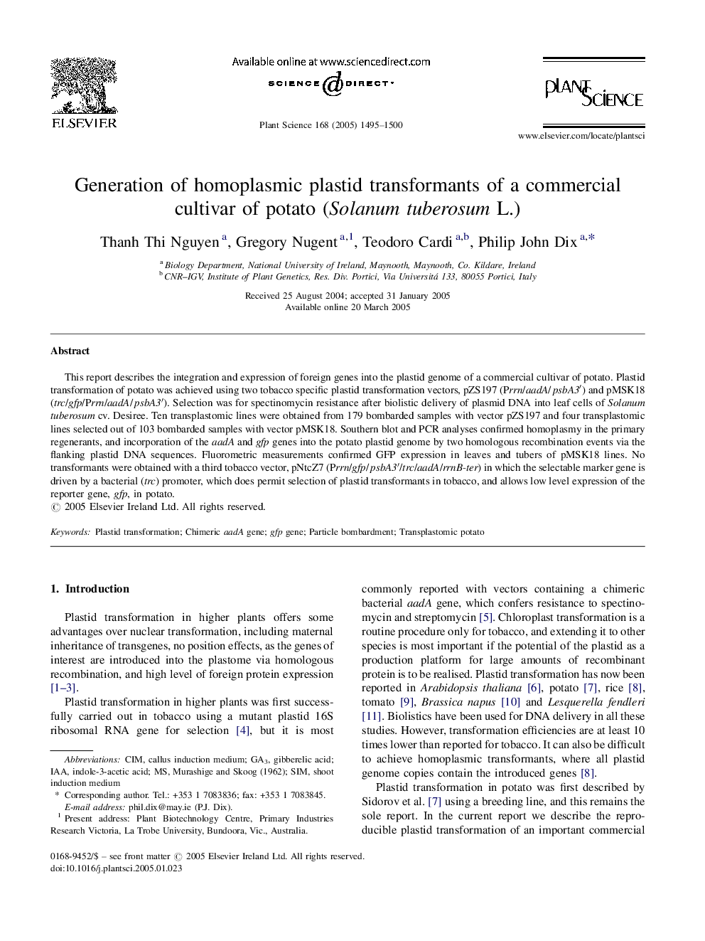 Generation of homoplasmic plastid transformants of a commercial cultivar of potato (Solanum tuberosum L.)