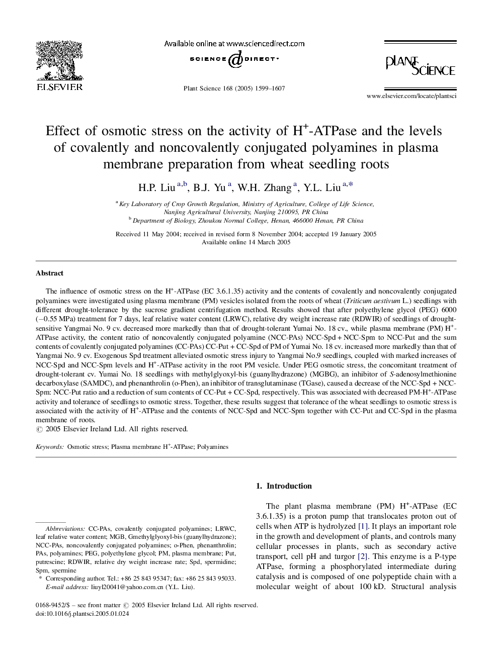 Effect of osmotic stress on the activity of H+-ATPase and the levels of covalently and noncovalently conjugated polyamines in plasma membrane preparation from wheat seedling roots