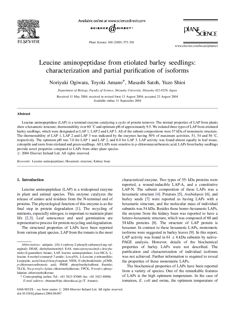 Leucine aminopeptidase from etiolated barley seedlings: characterization and partial purification of isoforms