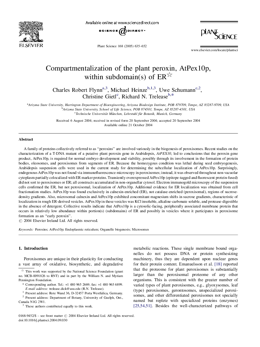 Compartmentalization of the plant peroxin, AtPex10p, within subdomain(s) of ER