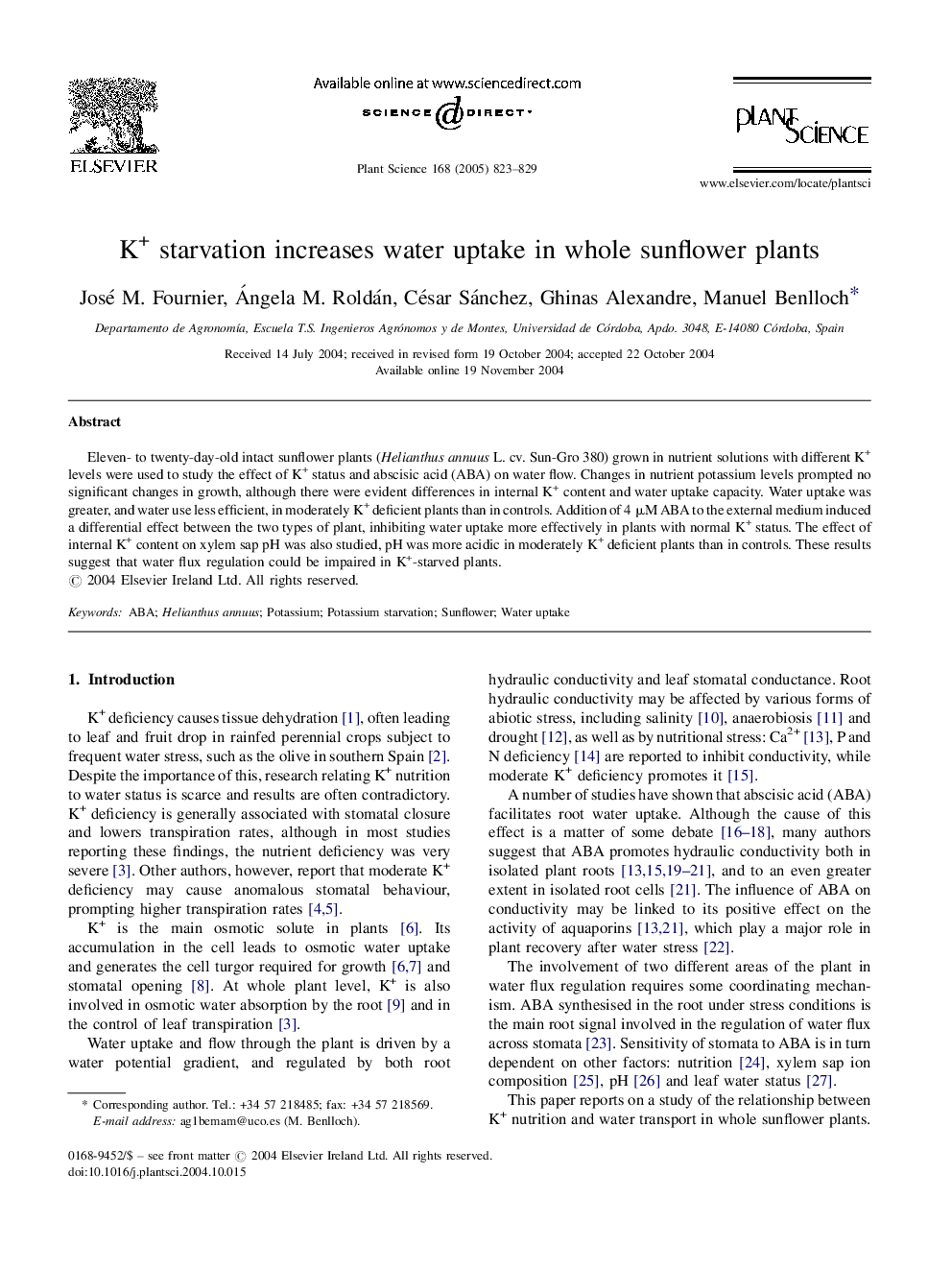 K+ starvation increases water uptake in whole sunflower plants