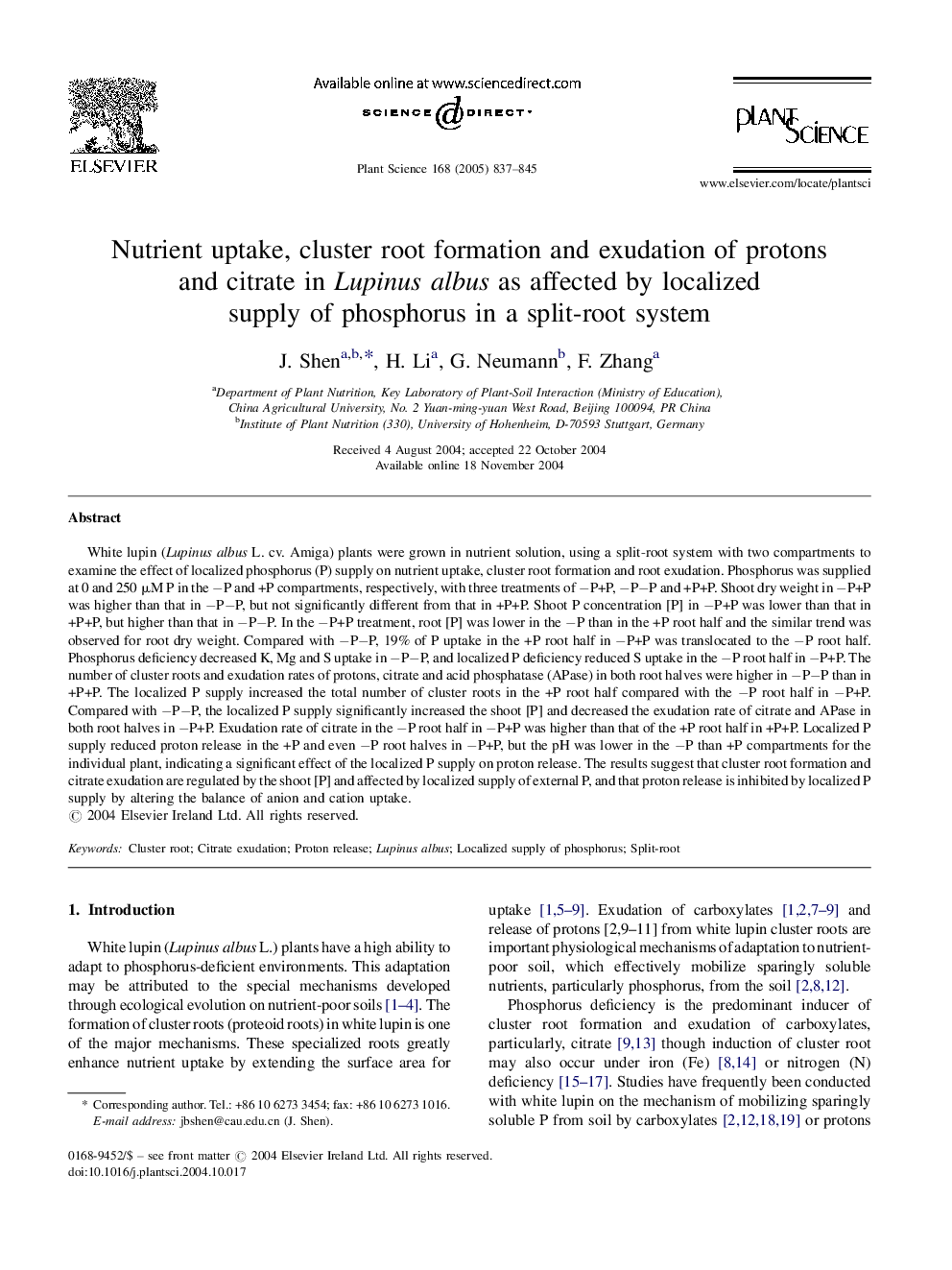 Nutrient uptake, cluster root formation and exudation of protons and citrate in Lupinus albus as affected by localized supply of phosphorus in a split-root system