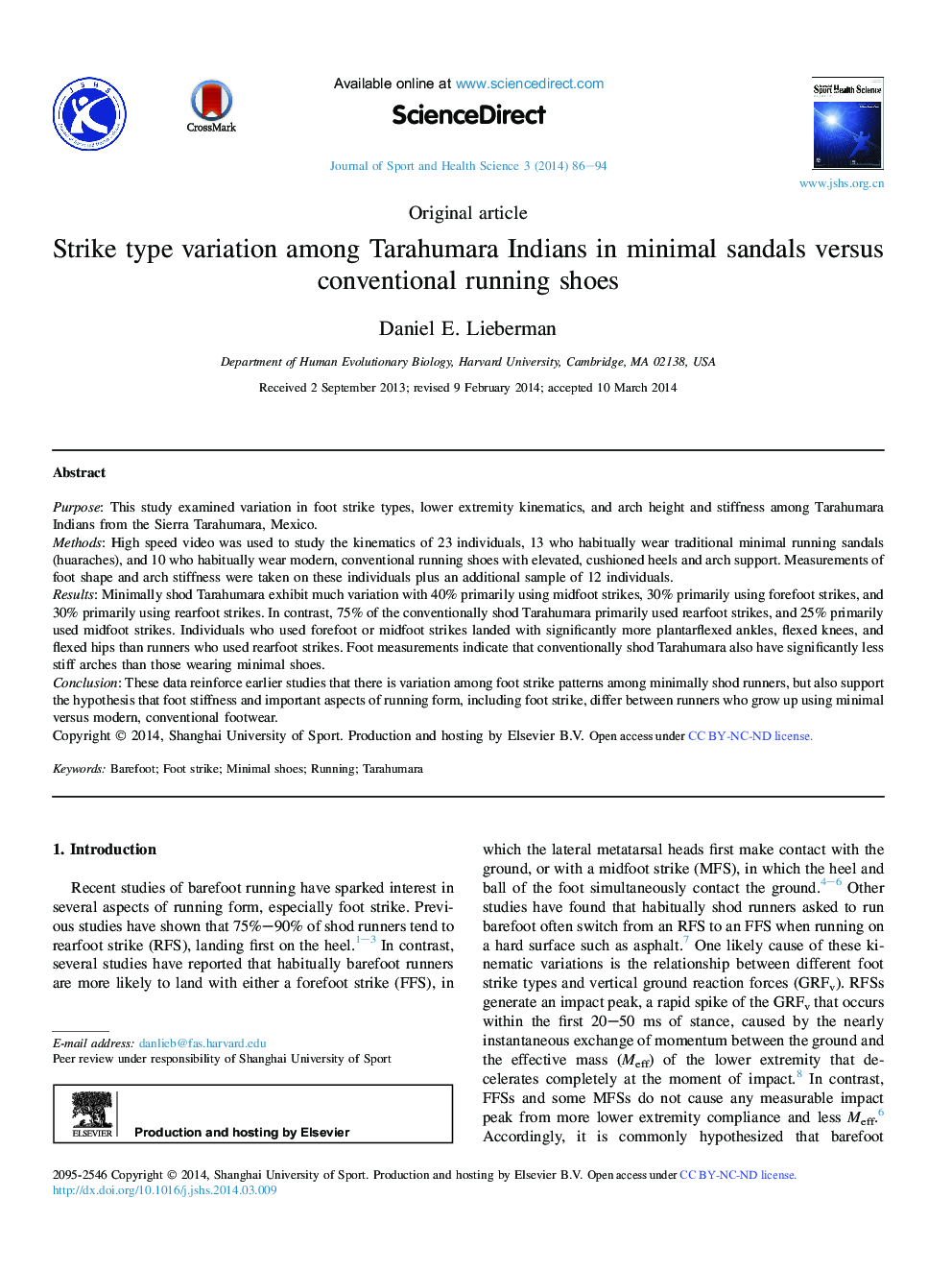 Strike type variation among Tarahumara Indians in minimal sandals versus conventional running shoes 