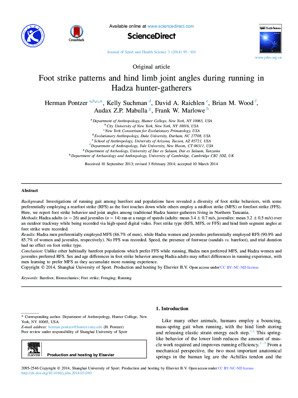 Foot strike patterns and hind limb joint angles during running in Hadza hunter-gatherers 