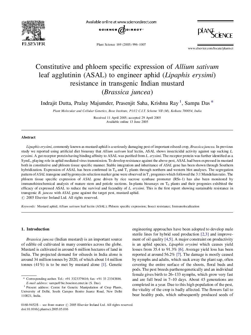 Constitutive and phloem specific expression of Allium sativum leaf agglutinin (ASAL) to engineer aphid (Lipaphis erysimi) resistance in transgenic Indian mustard (Brassica juncea)