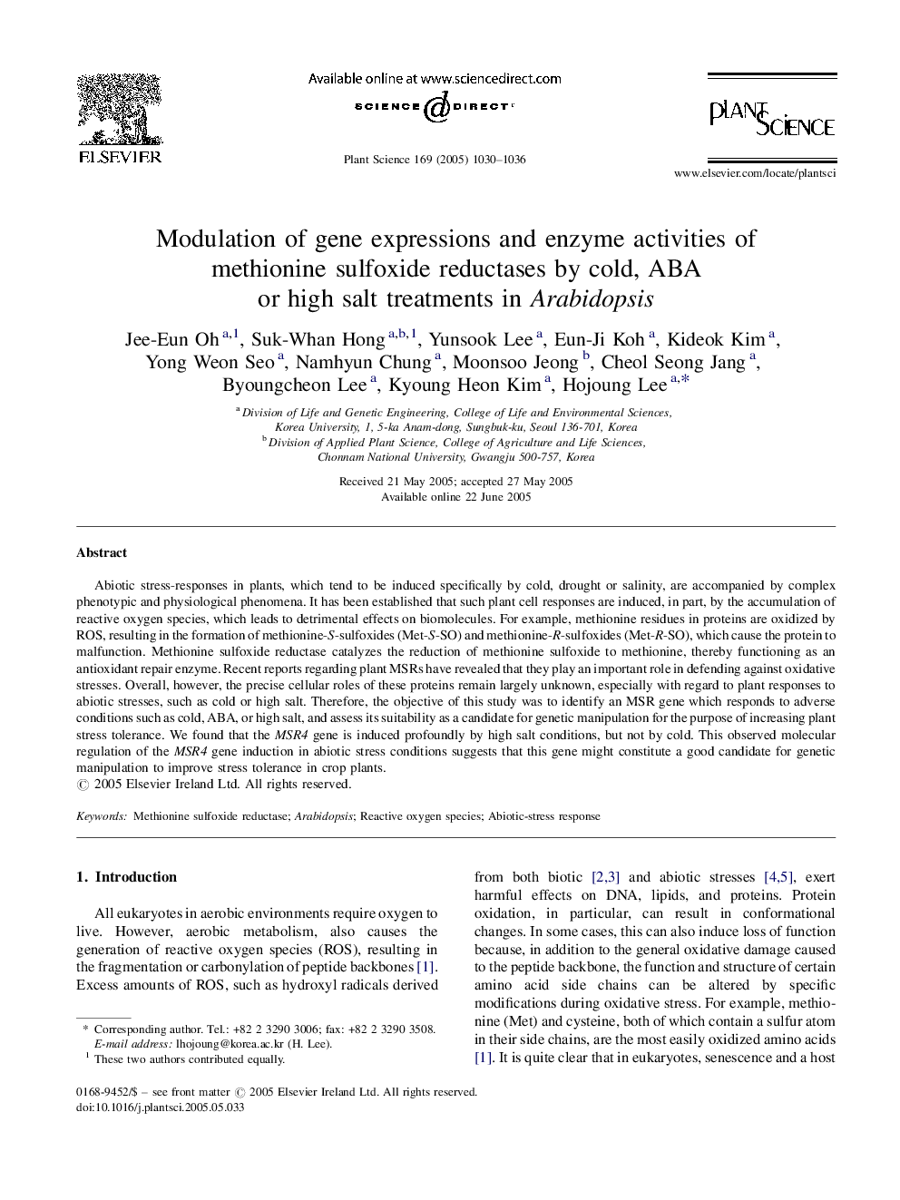 Modulation of gene expressions and enzyme activities of methionine sulfoxide reductases by cold, ABA or high salt treatments in Arabidopsis