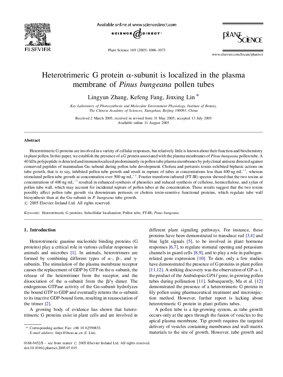 Heterotrimeric G protein Î±-subunit is localized in the plasma membrane of Pinusbungeana pollen tubes