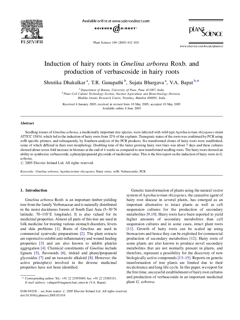 Induction of hairy roots in Gmelina arborea Roxb. and production of verbascoside in hairy roots