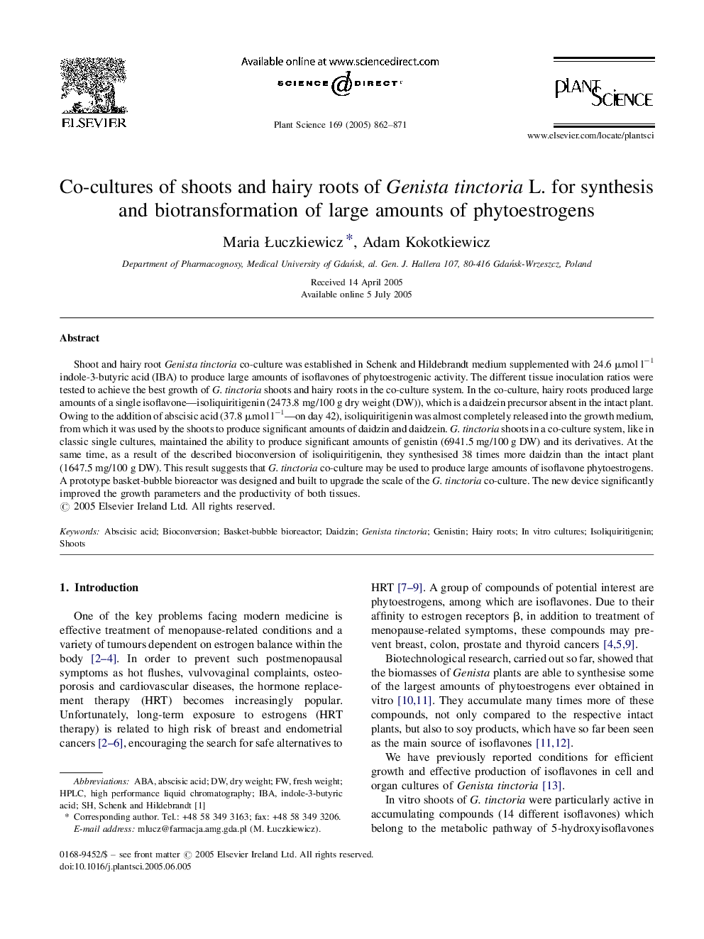 Co-cultures of shoots and hairy roots of Genista tinctoria L. for synthesis and biotransformation of large amounts of phytoestrogens