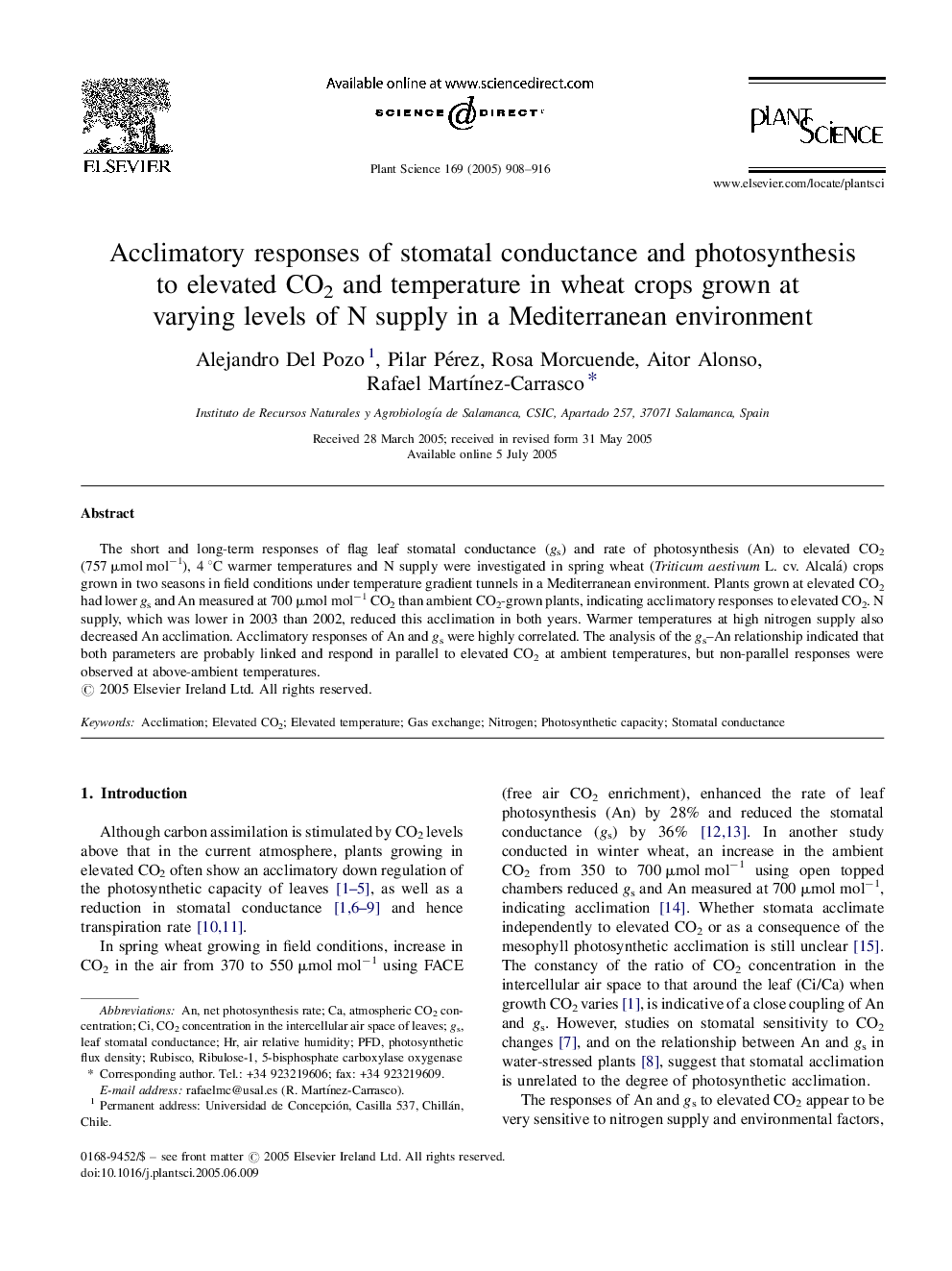 Acclimatory responses of stomatal conductance and photosynthesis to elevated CO2 and temperature in wheat crops grown at varying levels of N supply in a Mediterranean environment