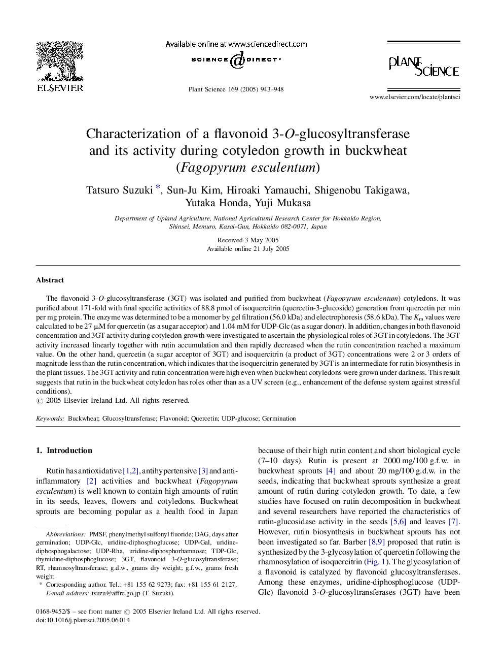 Characterization of a flavonoid 3-O-glucosyltransferase and its activity during cotyledon growth in buckwheat (Fagopyrum esculentum)