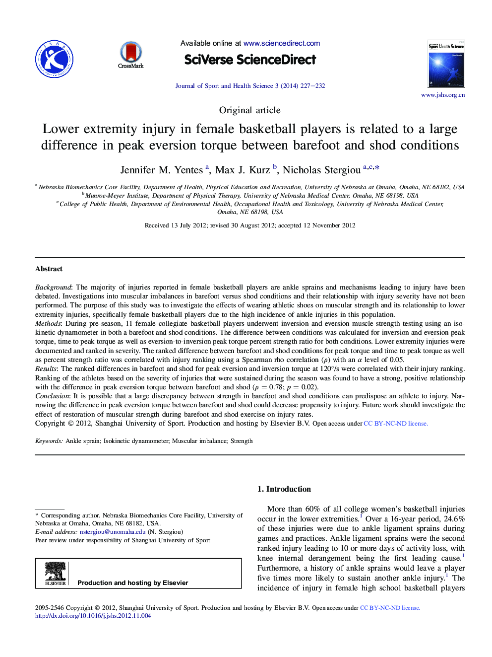 Lower extremity injury in female basketball players is related to a large difference in peak eversion torque between barefoot and shod conditions 