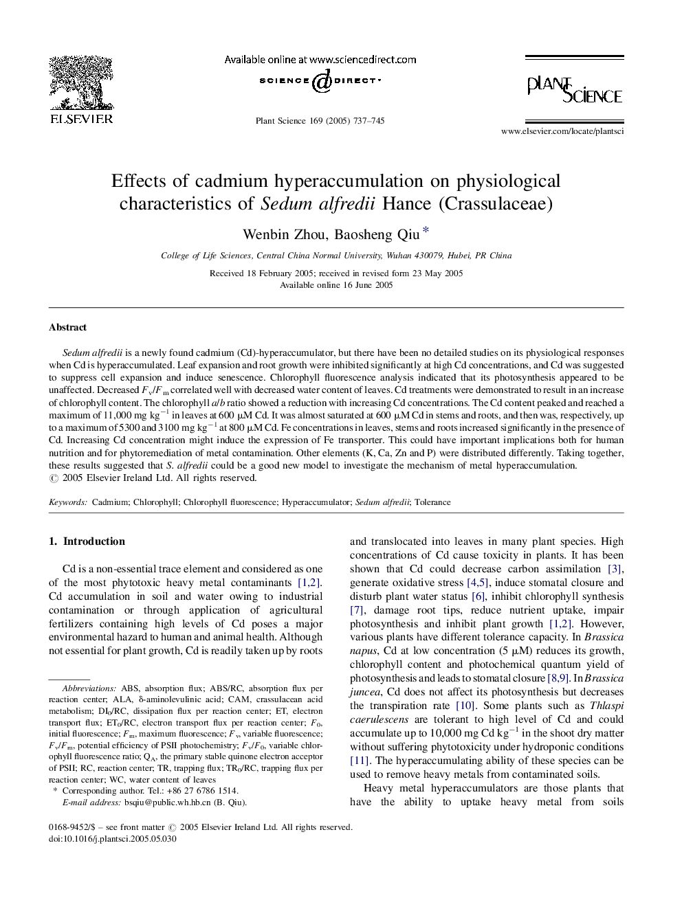 Effects of cadmium hyperaccumulation on physiological characteristics of Sedum alfredii Hance (Crassulaceae)