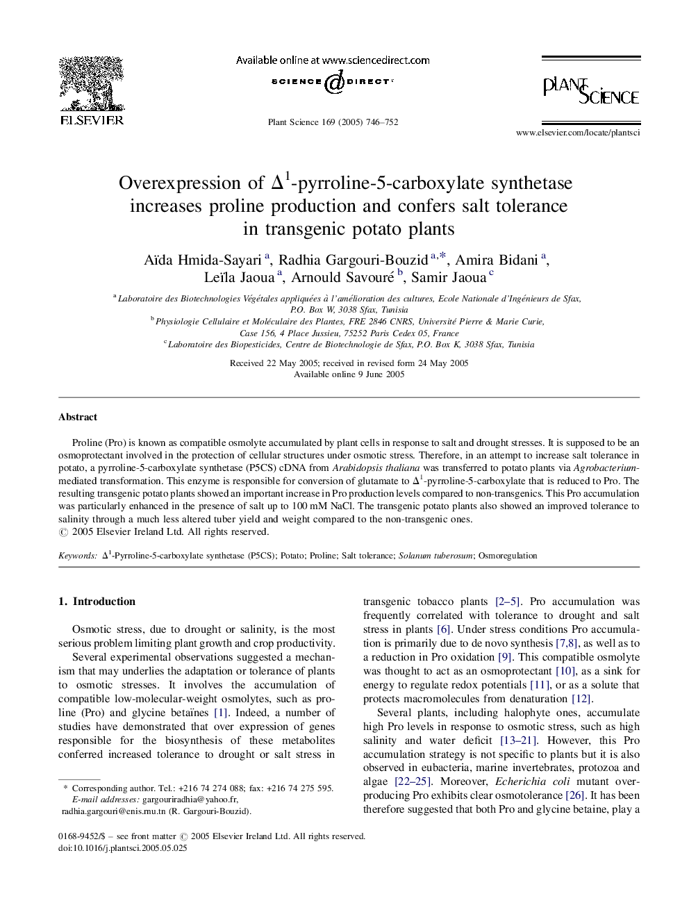 Overexpression of Î1-pyrroline-5-carboxylate synthetase increases proline production and confers salt tolerance in transgenic potato plants