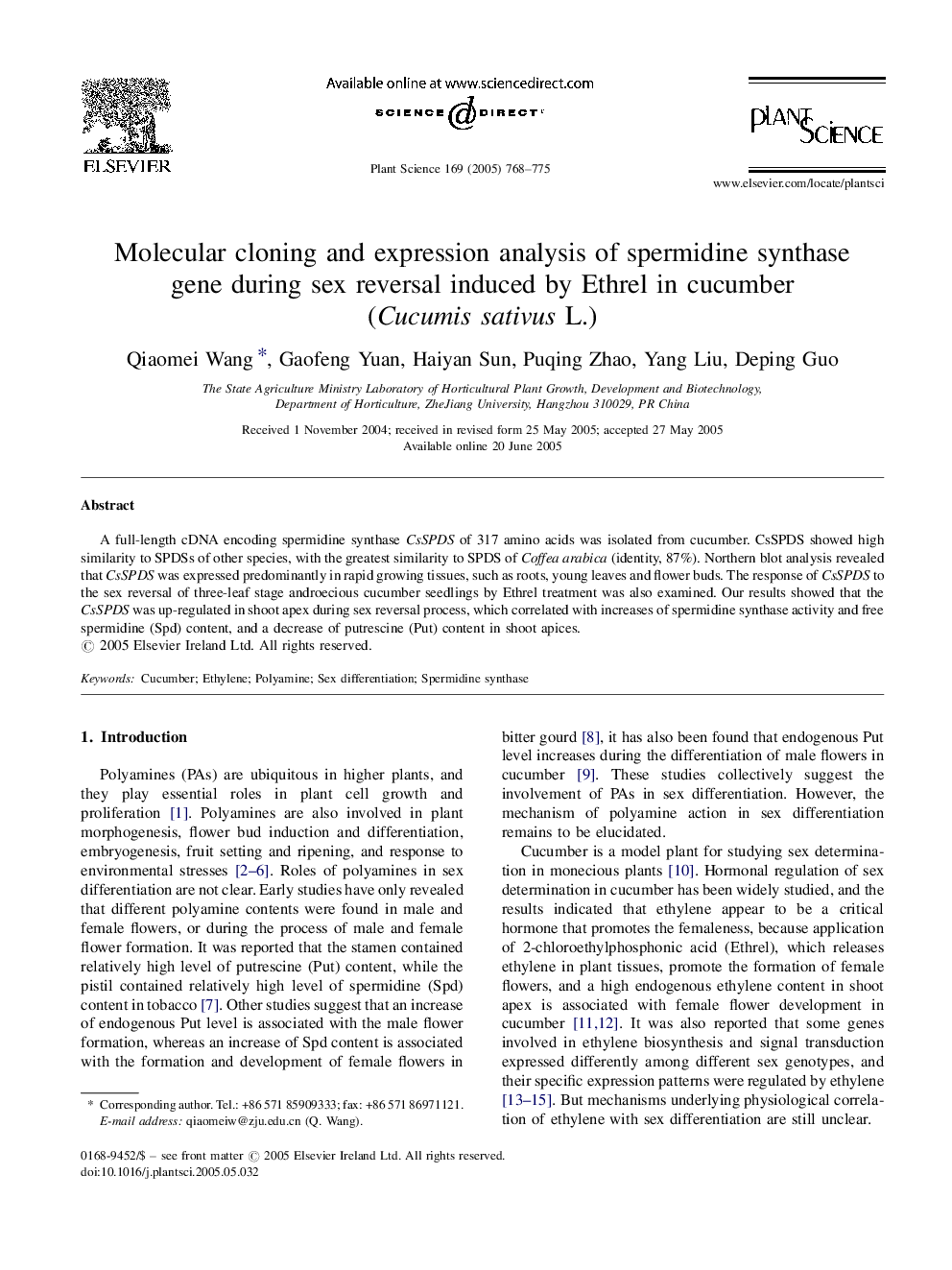 Molecular cloning and expression analysis of spermidine synthase gene during sex reversal induced by Ethrel in cucumber (Cucumis sativus L.)