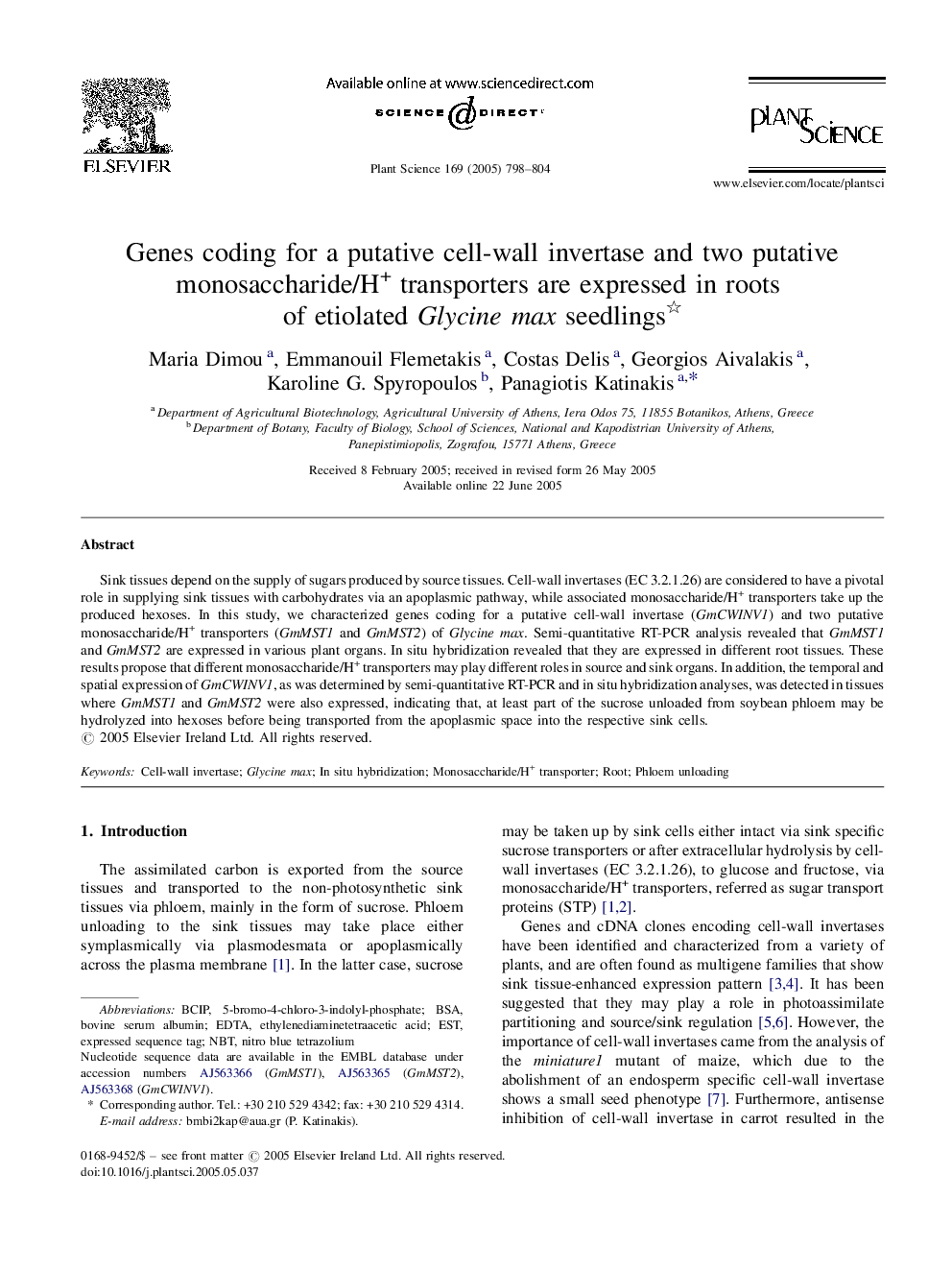 Genes coding for a putative cell-wall invertase and two putative monosaccharide/H+ transporters are expressed in roots of etiolated Glycine max seedlings