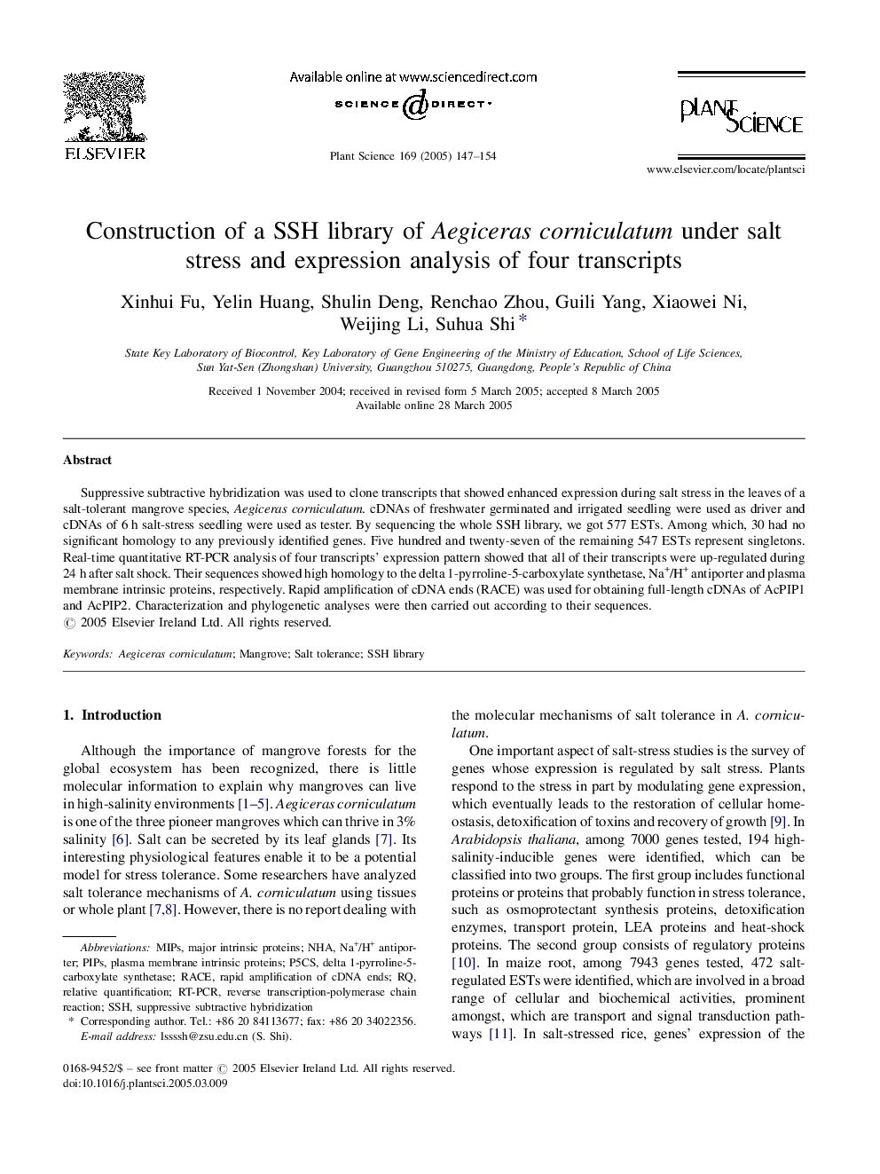 Construction of a SSH library of Aegiceras corniculatum under salt stress and expression analysis of four transcripts