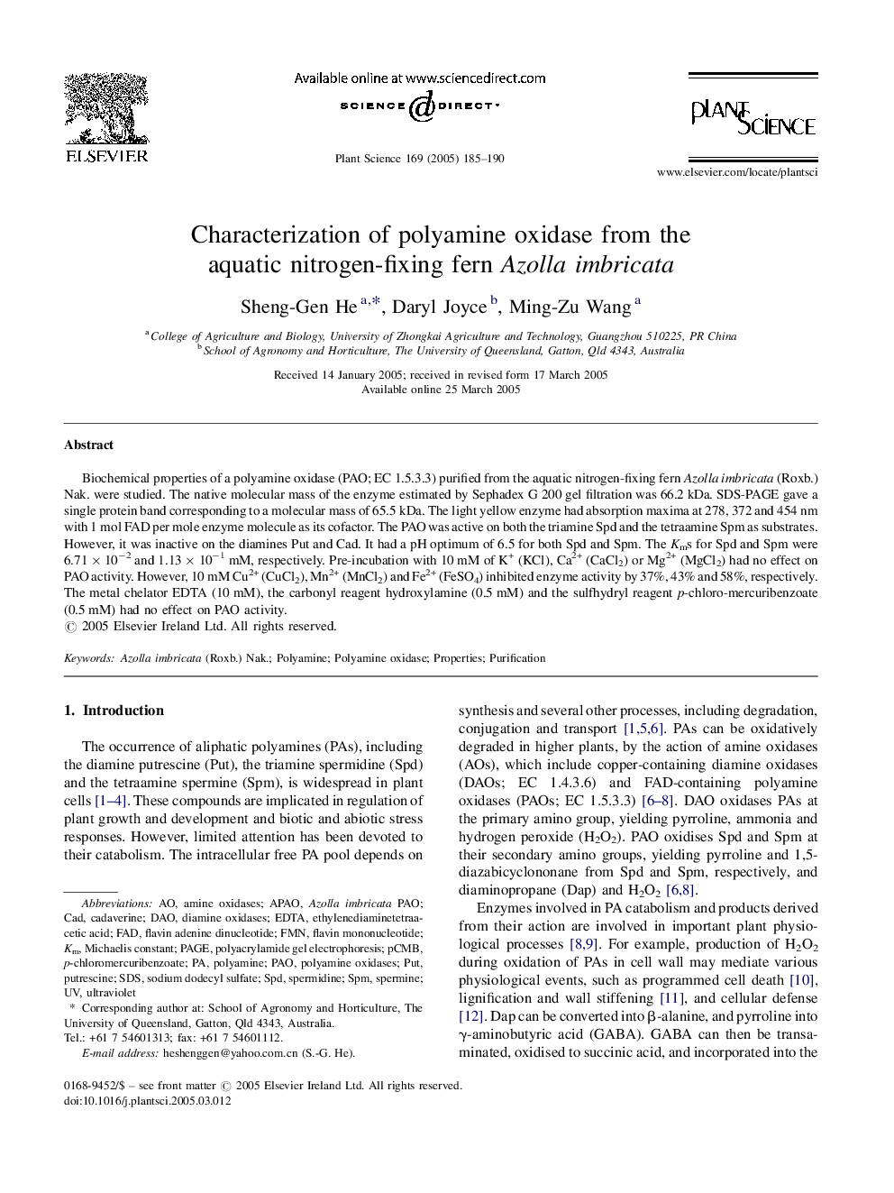 Characterization of polyamine oxidase from the aquatic nitrogen-fixing fern Azolla imbricata