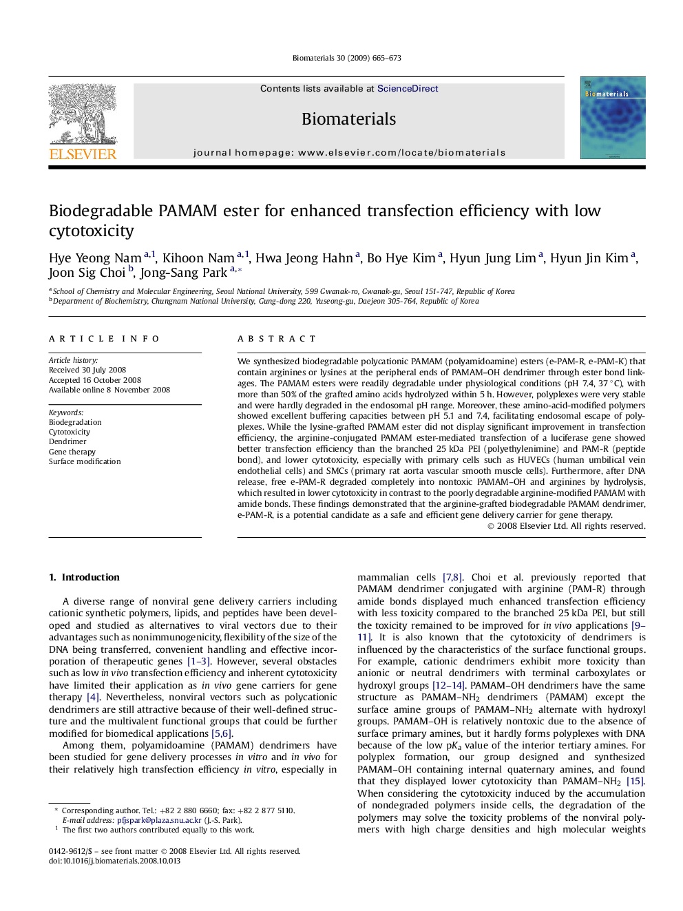 Biodegradable PAMAM ester for enhanced transfection efficiency with low cytotoxicity