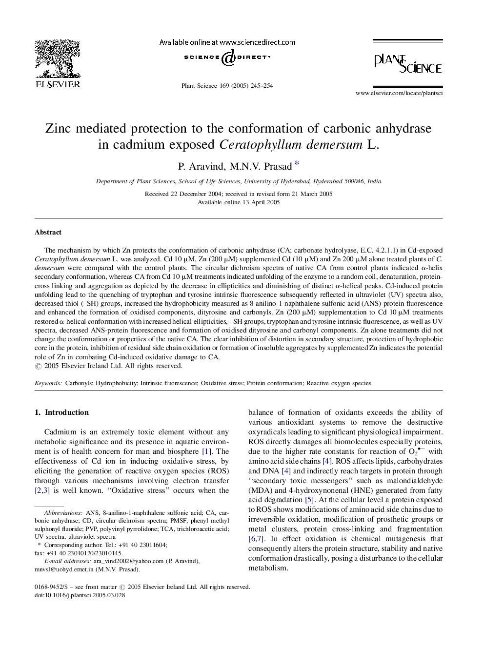 Zinc mediated protection to the conformation of carbonic anhydrase in cadmium exposed Ceratophyllumdemersum L.