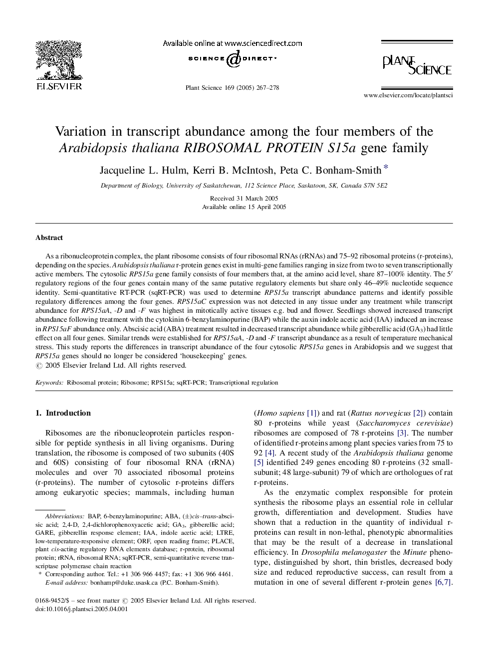 Variation in transcript abundance among the four members of the Arabidopsis thaliana RIBOSOMAL PROTEIN S15a gene family