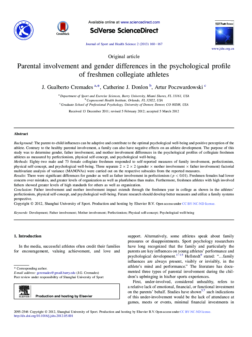 Parental involvement and gender differences in the psychological profile of freshmen collegiate athletes 