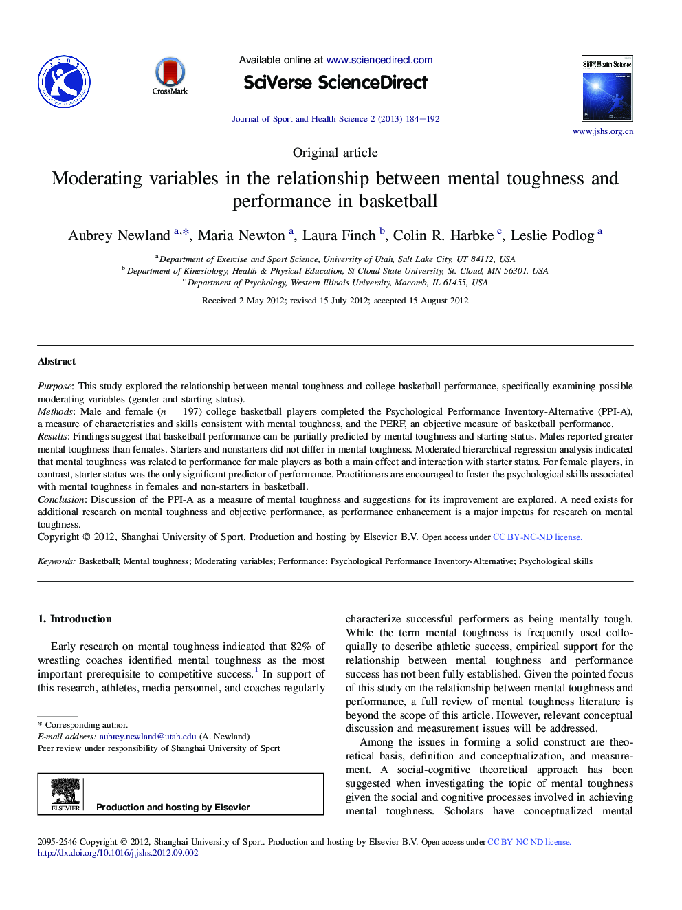 Moderating variables in the relationship between mental toughness and performance in basketball 