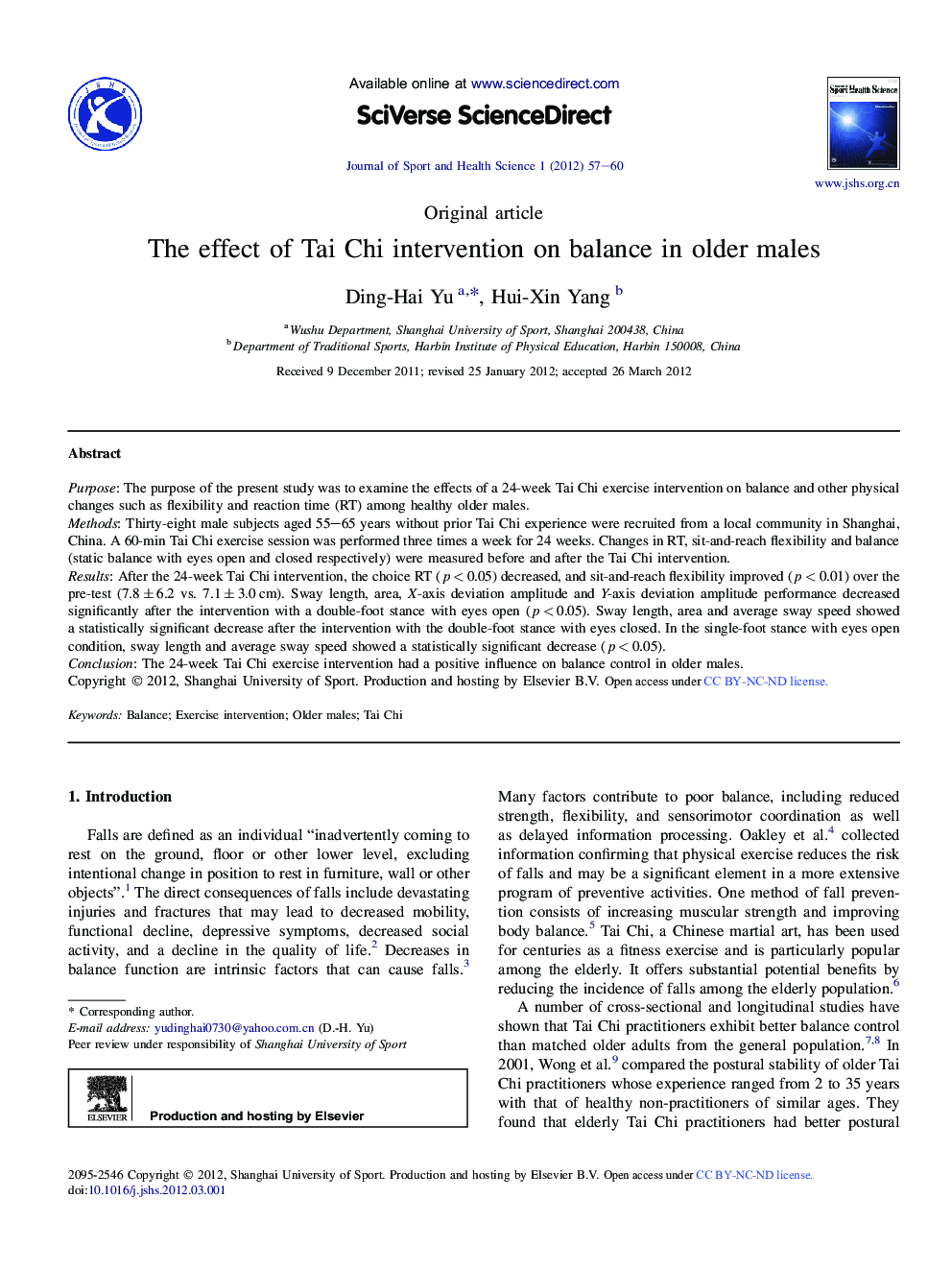 The effect of Tai Chi intervention on balance in older males 