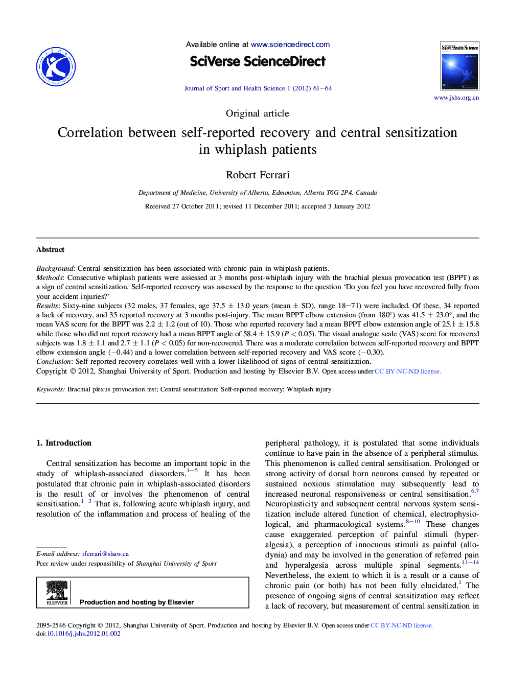 Correlation between self-reported recovery and central sensitization in whiplash patients 