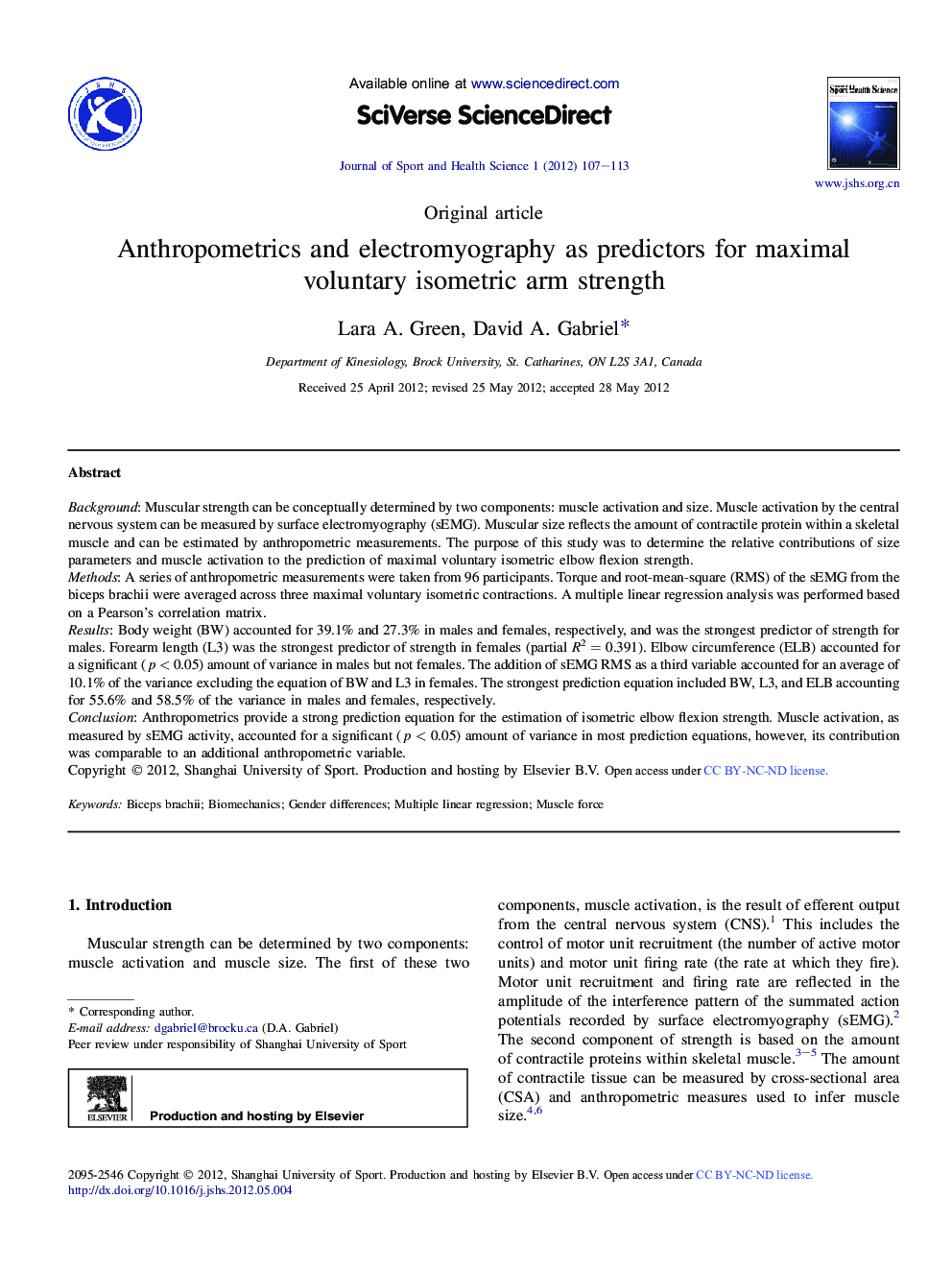 Anthropometrics and electromyography as predictors for maximal voluntary isometric arm strength 