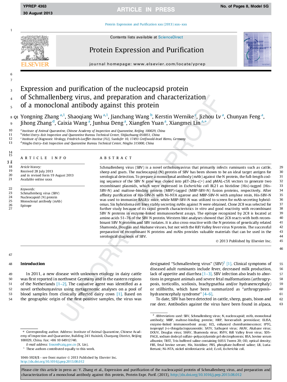 Expression and purification of the nucleocapsid protein of Schmallenberg virus, and preparation and characterization of a monoclonal antibody against this protein