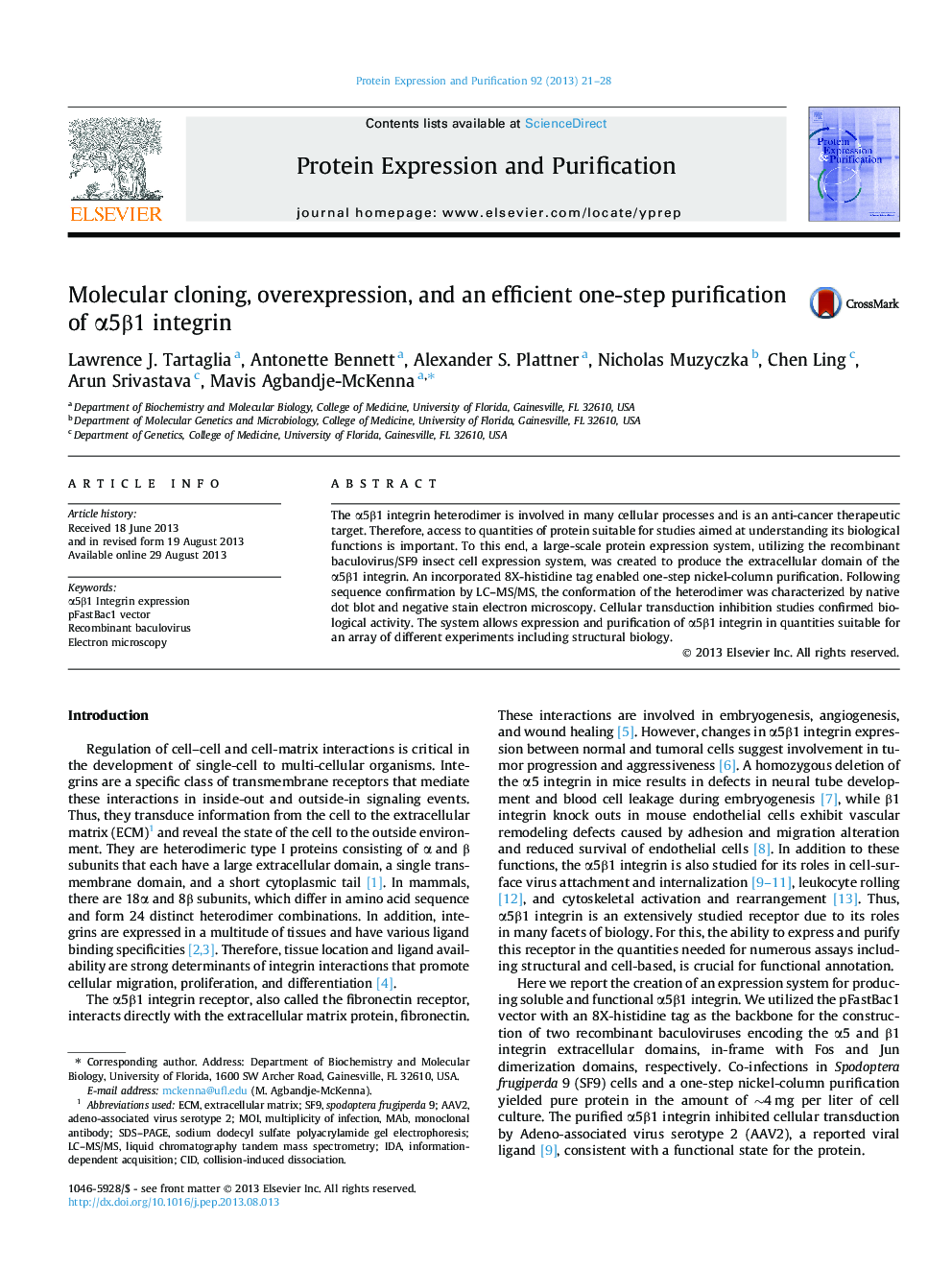 Molecular cloning, overexpression, and an efficient one-step purification of Î±5Î²1 integrin