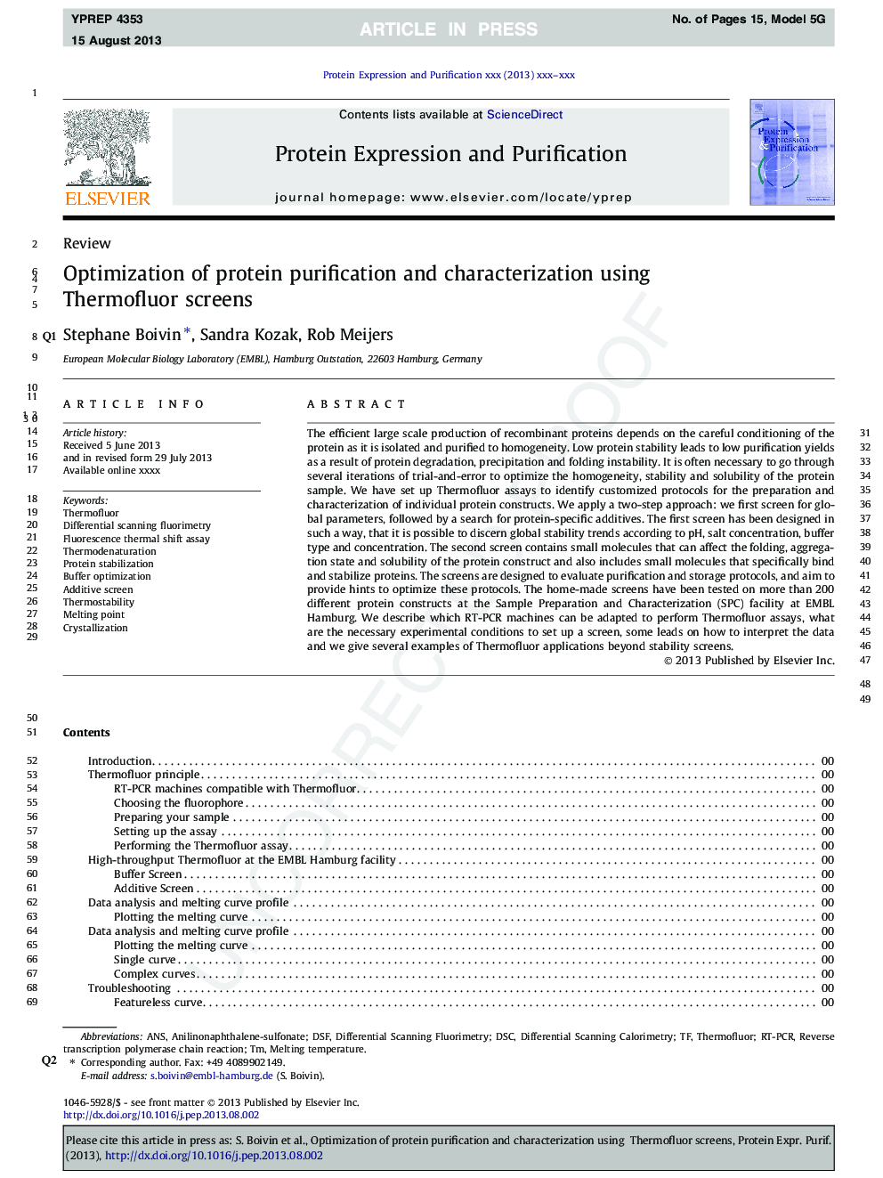 Optimization of protein purification and characterization using Thermofluor screens