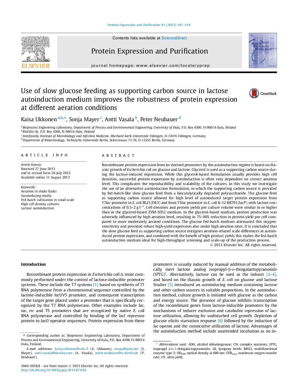 Use of slow glucose feeding as supporting carbon source in lactose autoinduction medium improves the robustness of protein expression at different aeration conditions