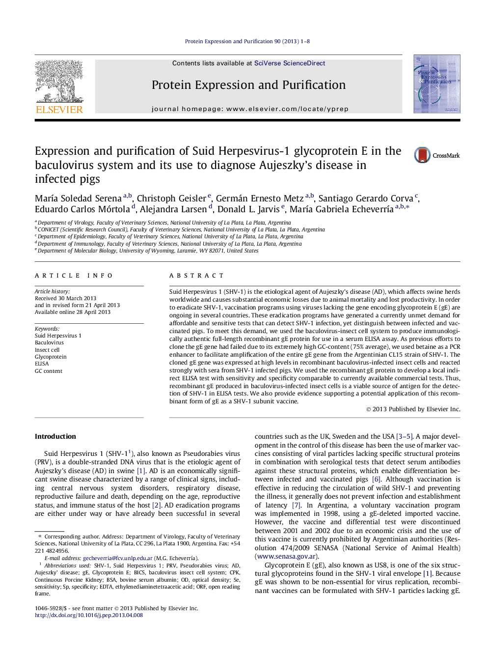 عکس صفحه اول مقاله: Expression and purification of Suid Herpesvirus-1 glycoprotein E in the baculovirus system and its use to diagnose Aujeszky's disease in infected pigs Expression and purification of Suid Herpesvirus-1 glycoprotein E in the baculovirus system and its use to diagnose Aujeszky's disease in infected pigs