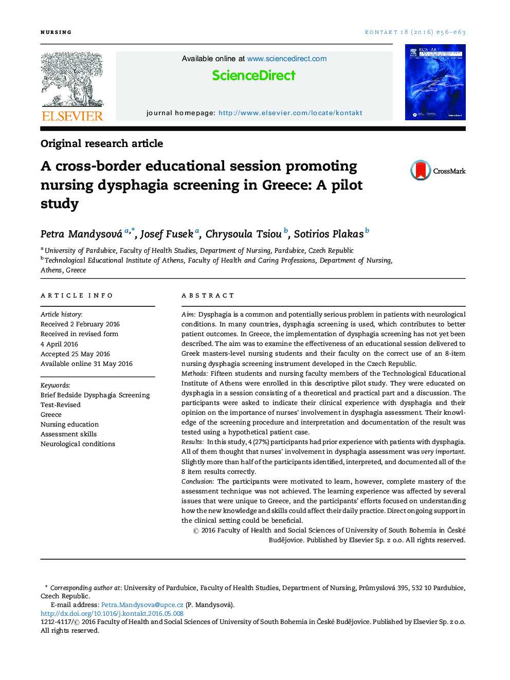 A cross-border educational session promoting nursing dysphagia screening in Greece: A pilot study