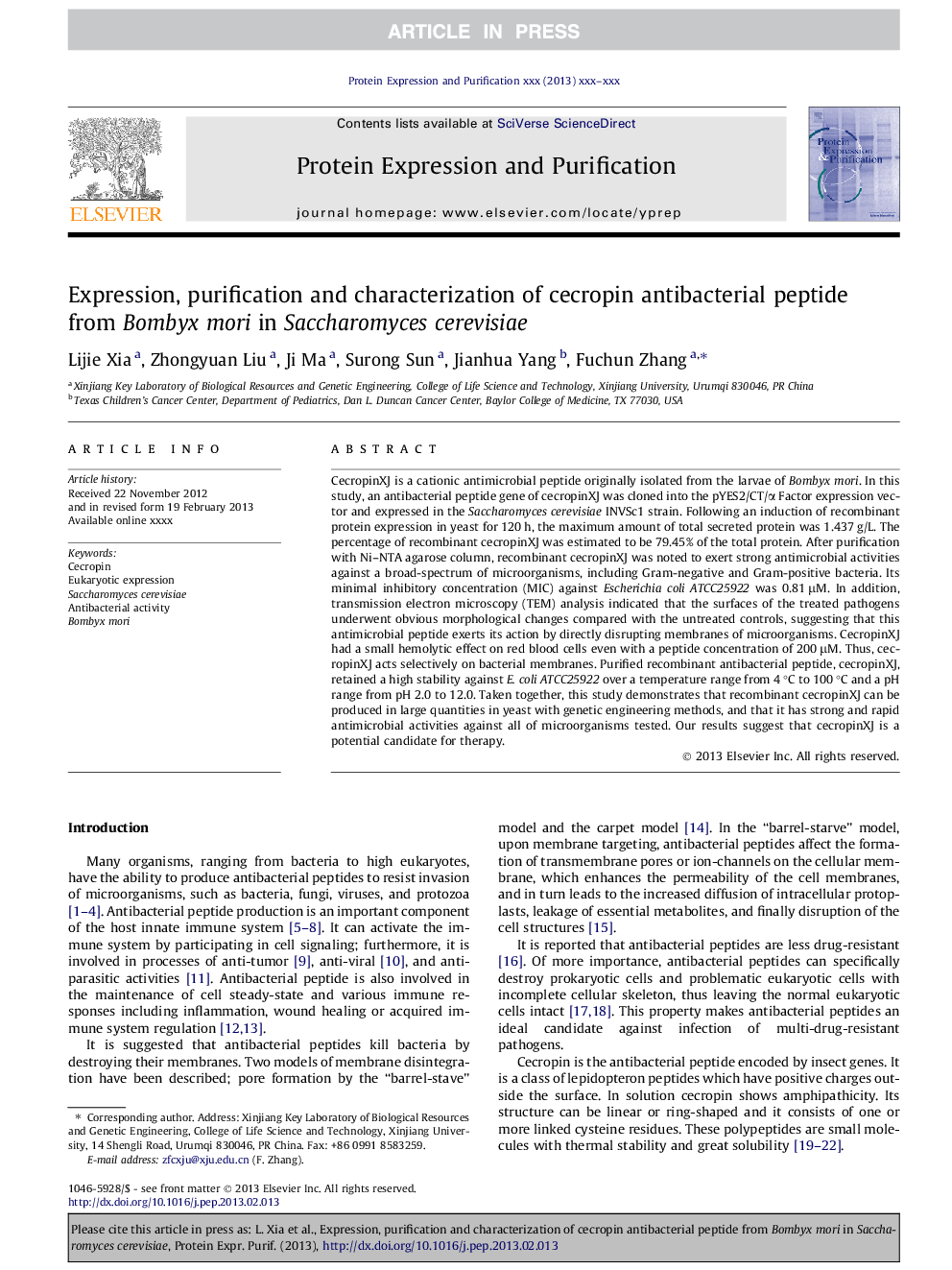 Expression, purification and characterization of cecropin antibacterial peptide from Bombyx mori in Saccharomyces cerevisiae