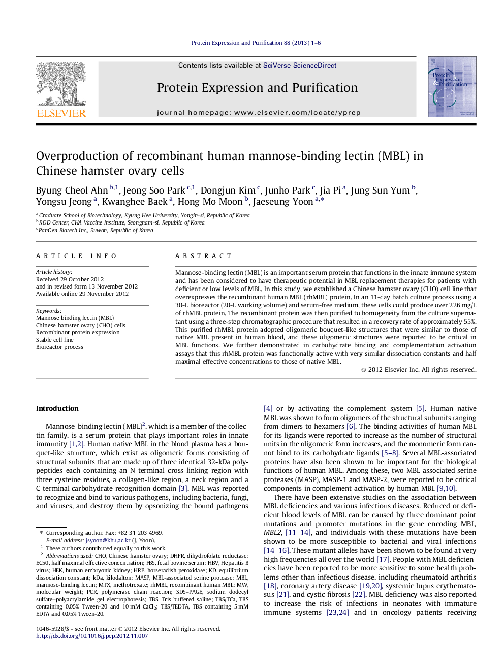 Overproduction of recombinant human mannose-binding lectin (MBL) in Chinese hamster ovary cells