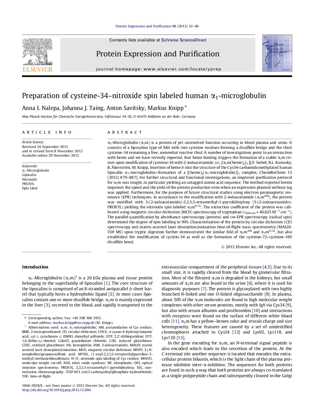 Preparation of cysteine-34-nitroxide spin labeled human Î±1-microglobulin