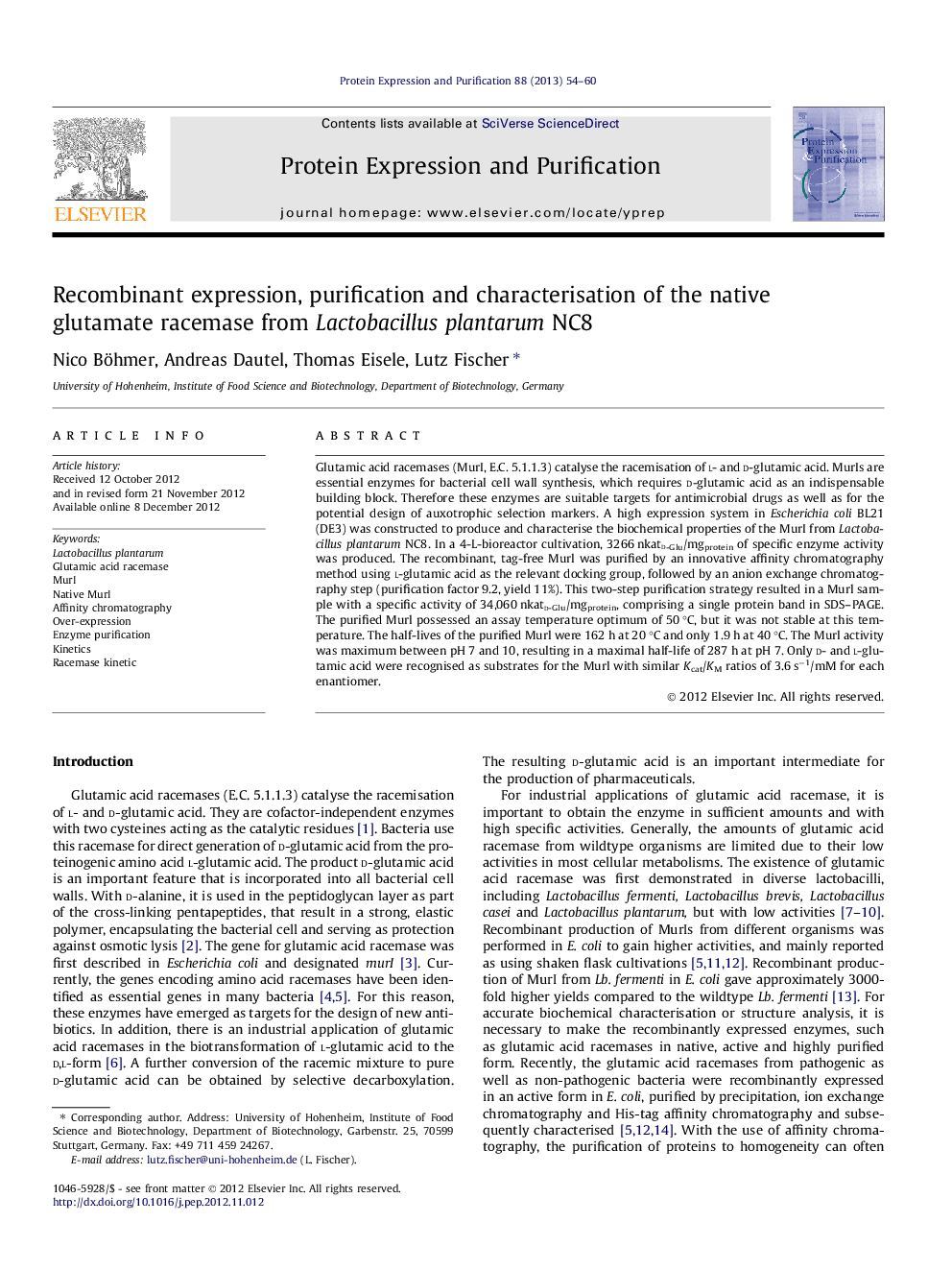 Recombinant expression, purification and characterisation of the native glutamate racemase from Lactobacillus plantarum NC8