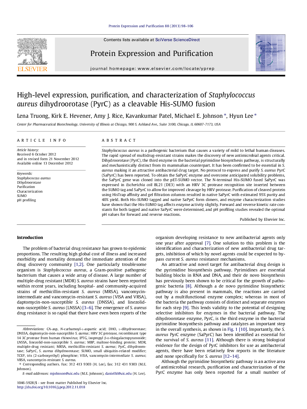 High-level expression, purification, and characterization of Staphylococcus aureus dihydroorotase (PyrC) as a cleavable His-SUMO fusion