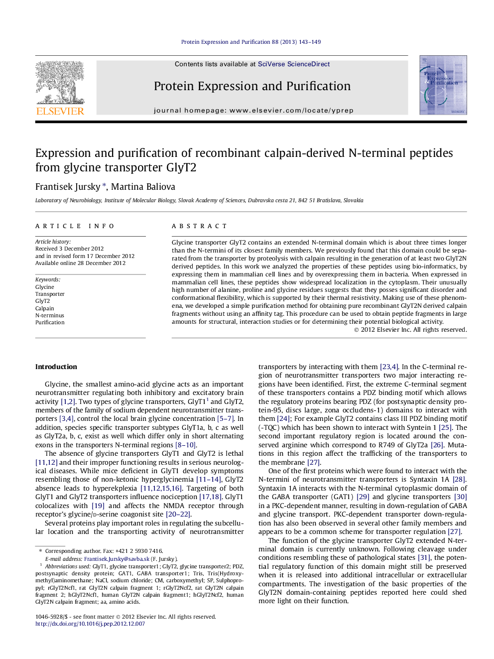 Expression and purification of recombinant calpain-derived N-terminal peptides from glycine transporter GlyT2