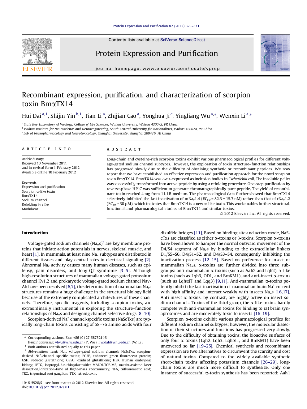 Recombinant expression, purification, and characterization of scorpion toxin BmÎ±TX14