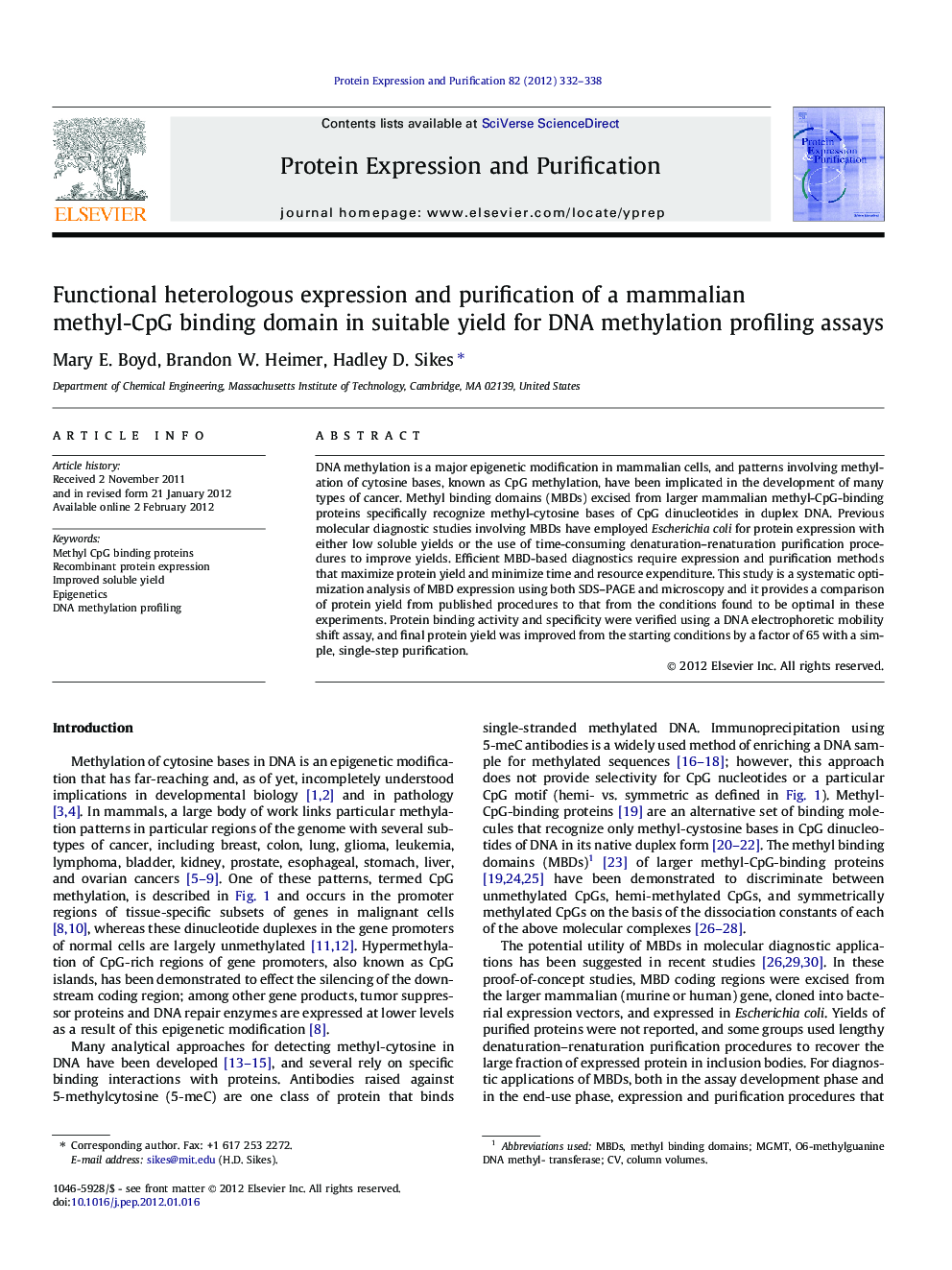 Functional heterologous expression and purification of a mammalian methyl-CpG binding domain in suitable yield for DNA methylation profiling assays