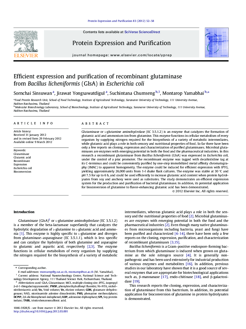 Efficient expression and purification of recombinant glutaminase from Bacillus licheniformis (GlsA) in Escherichia coli
